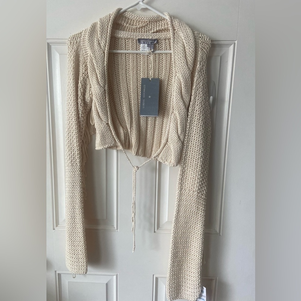 NWT Lorena Antoniazzi Tie-Front Fringe Sleeve Cardigan
Size 42